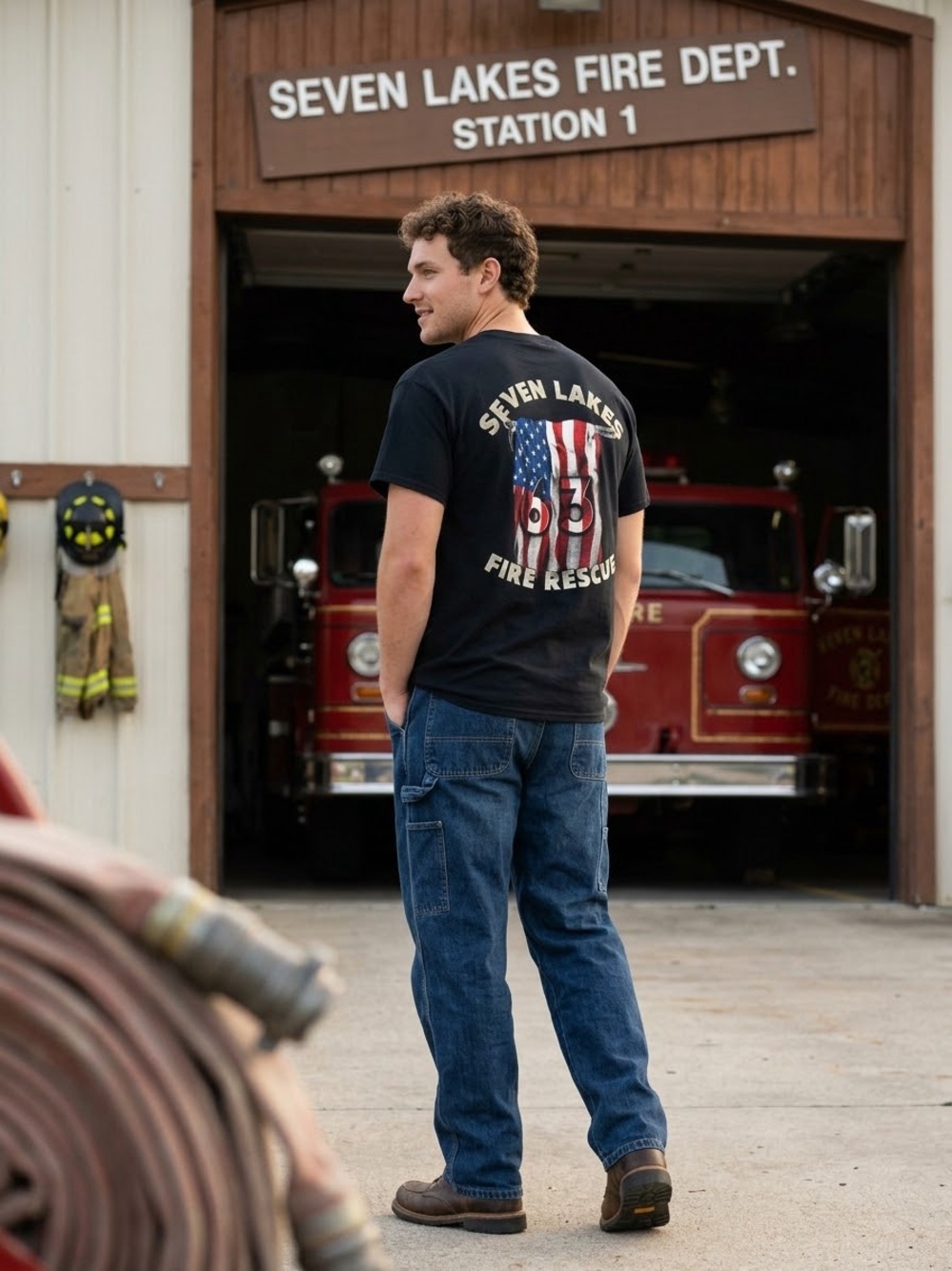 Vintage Seven Lakes Fire Rescue Black Graphic Tee Large